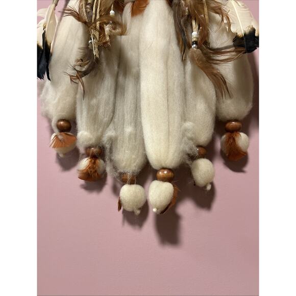Native American Dream Catcher Wood Wool Feathers Beads Rabbit XL Boho Hippie - Picture 6 of 6